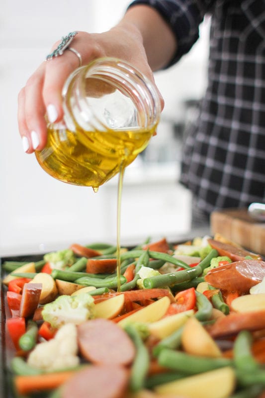 One Pan Whole30 Sausage and Veggie Oil Pour