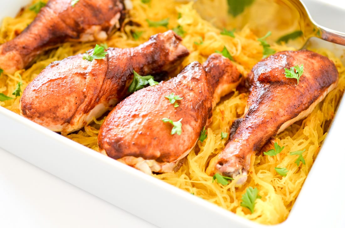 One Dish Sicy BBQ Chicken Drumsticks & Spaghetti Squash-, One Dish Spicy BBQ Chicken Drumsticks & Spaghetti Squash