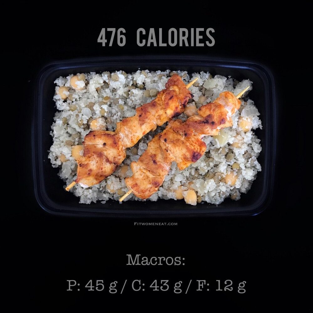 Cauliflower Fried Rice with Legumes and Chicken Shish Kabobs