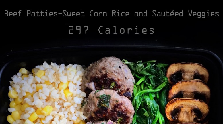 Beef Patties-Sweet Corn Rice and Sautéed Veggies