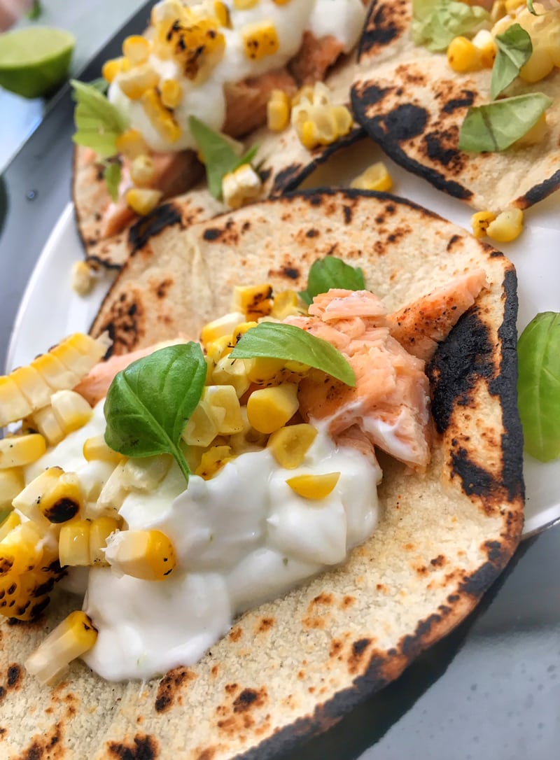 salmon tacos with roasted corn