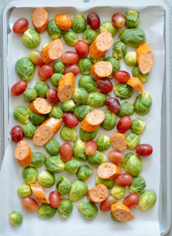 One Pan Roasted Brussels Sprouts, Grapes & Sausage Meal Prep