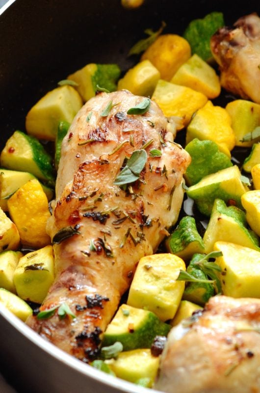 One Pan Garlic & Herb Chicken Drumsticks with Patty Pan Squash