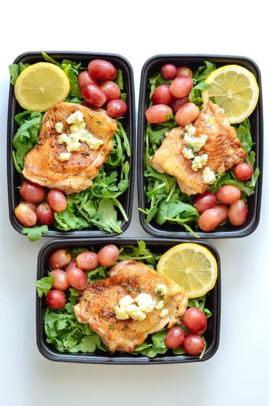 One Skillet Chicken Thighs With Roasted Grapes & Blue Cheese