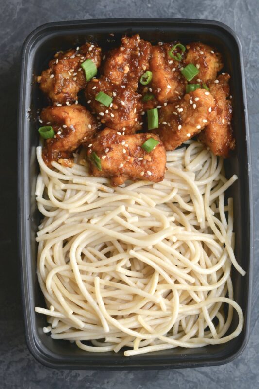 Popcorn Chicken with Rice Noodles and Gochujang Sauce