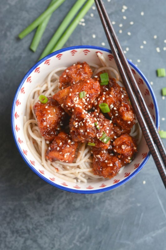 Popcorn Chicken with Rice Noodles and Gochujang Sauce
