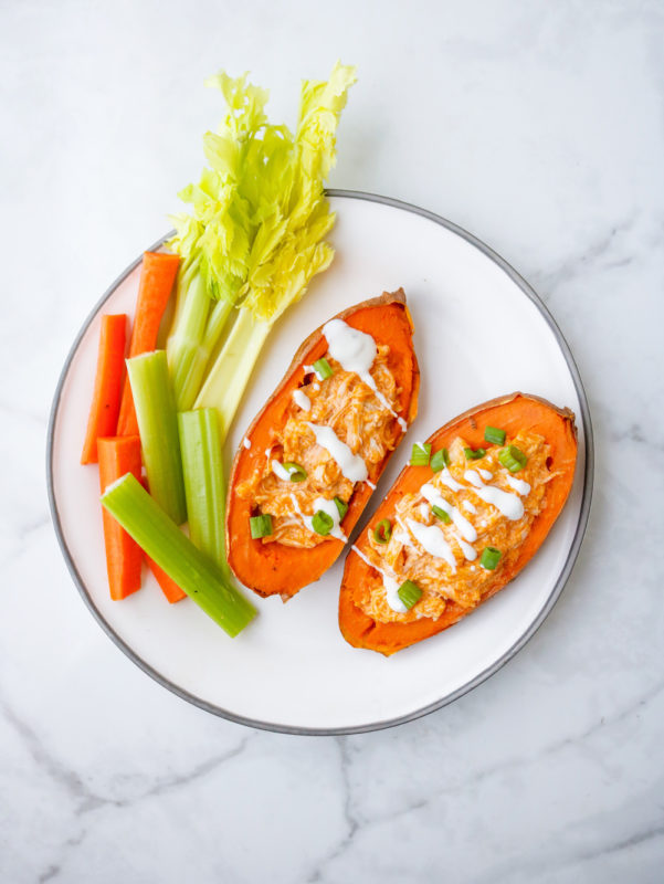 Buffalo Chicken Stuffed Sweet Potato Skins