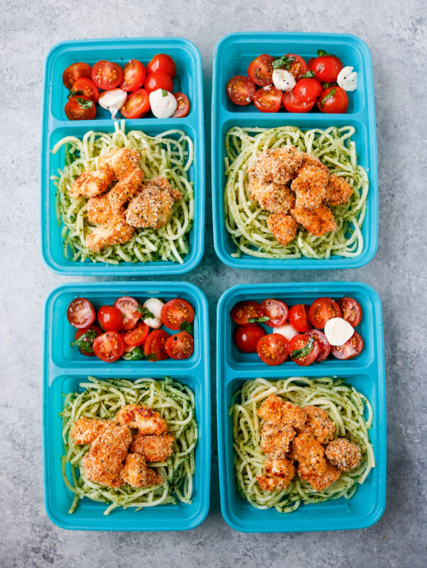 Pesto Noodles With Crispy Chicken Bites