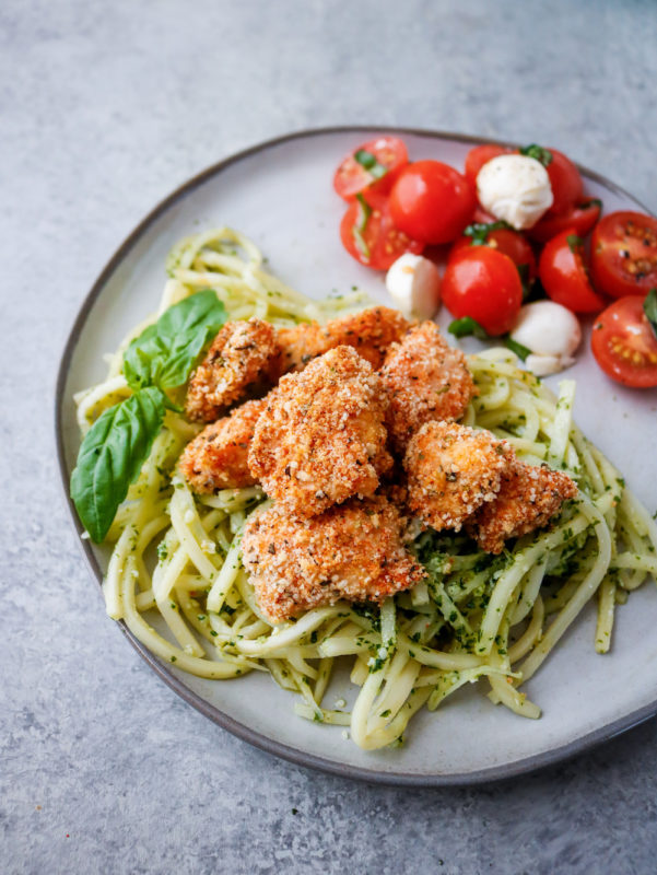 Pesto Noodles With Crispy Chicken Bites