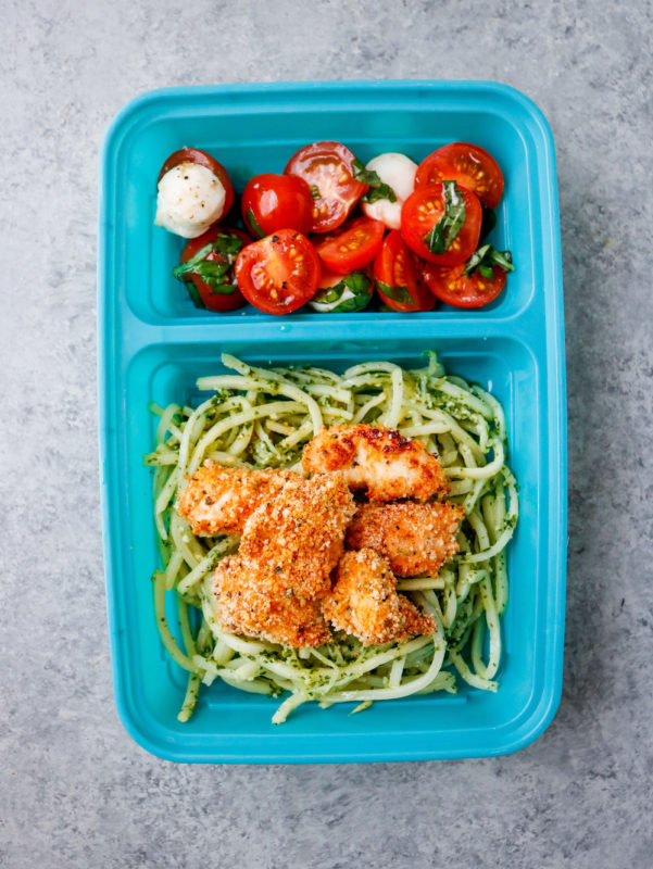 Pesto Noodles With Crispy Chicken Bites