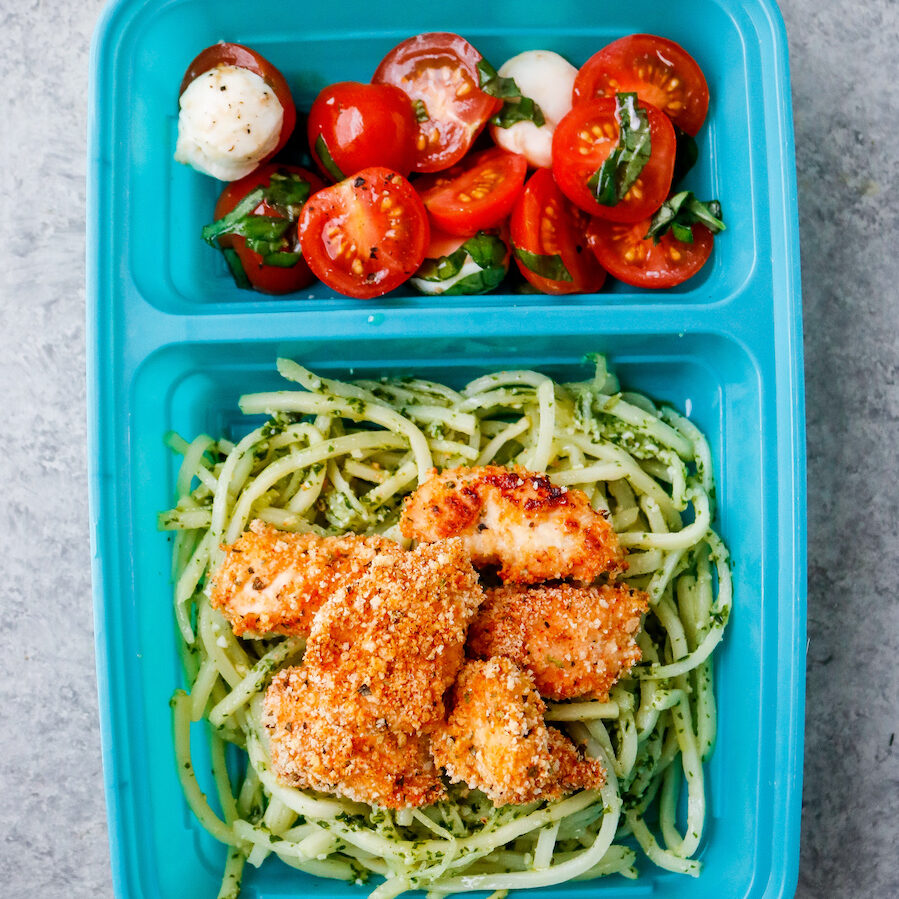 Pesto Noodles With Crispy Chicken Bites