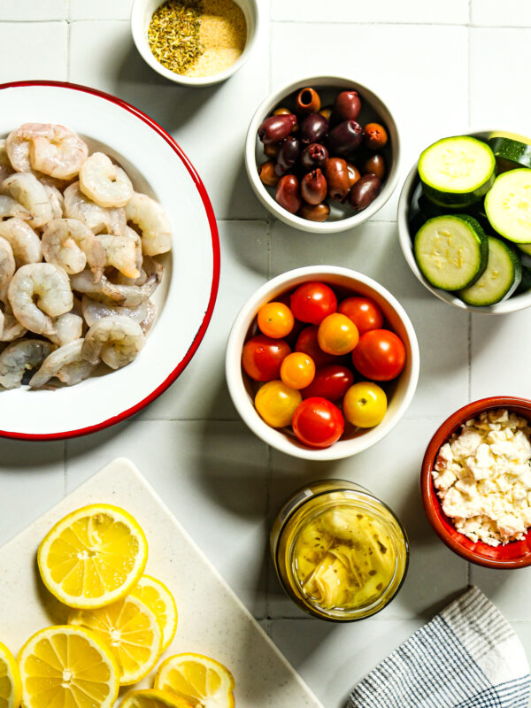 Ingredients for grilled Mediterranean shrimp and veggies in foil