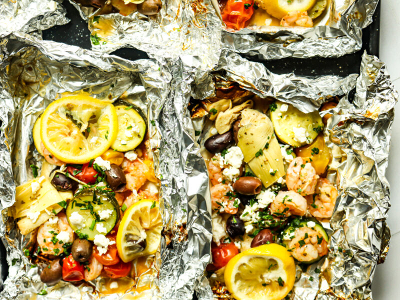 Grilled Mediterranean shrimp in foil