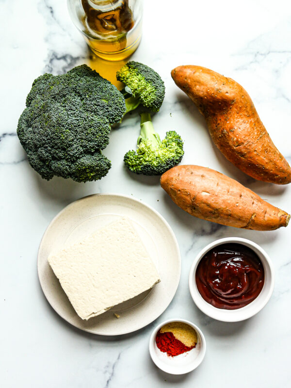 Sheet pan tofu BBQ with sweet potatoes and broccoli ingredients