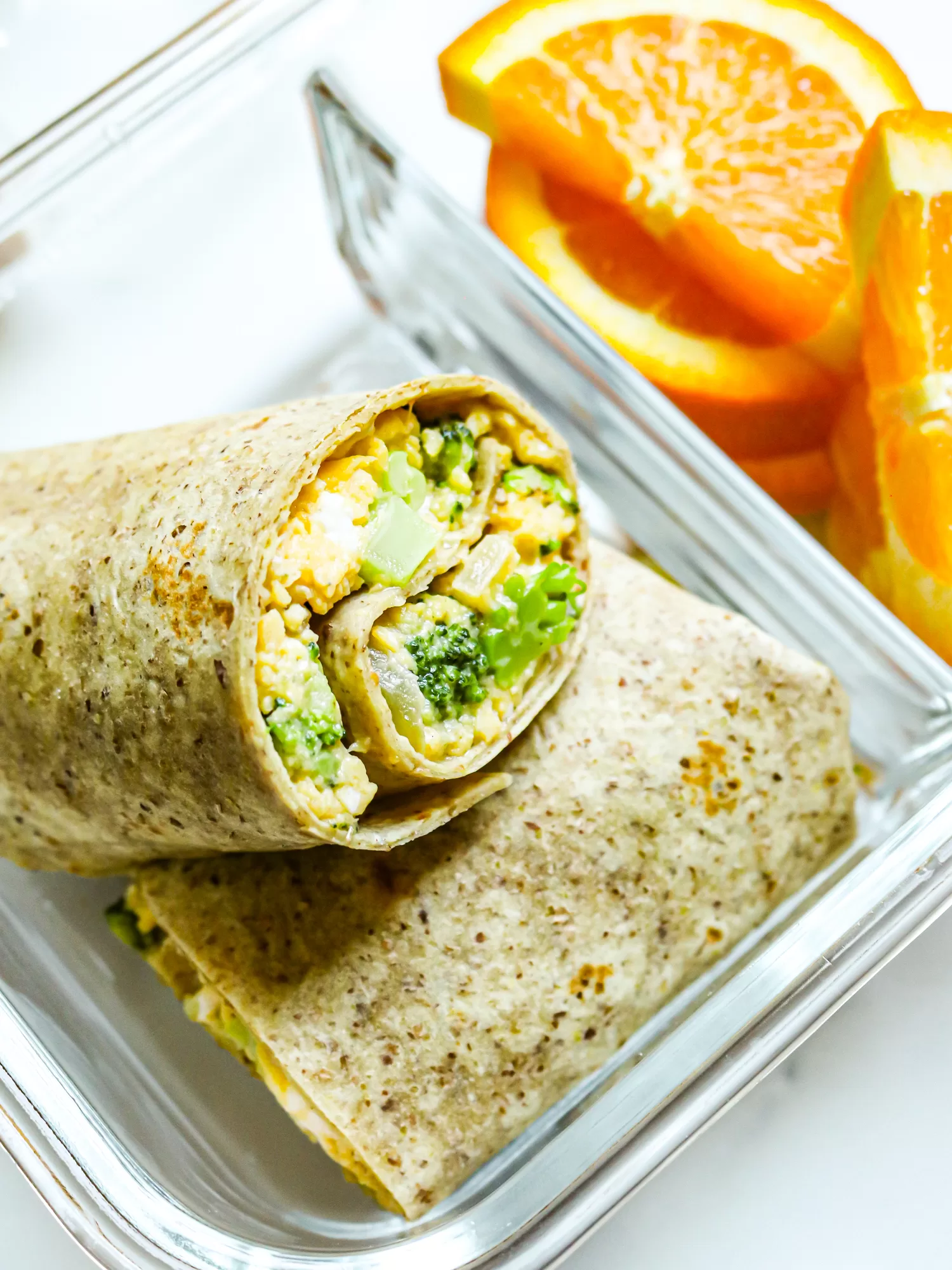 Close up of broccoli cheddar egg wraps