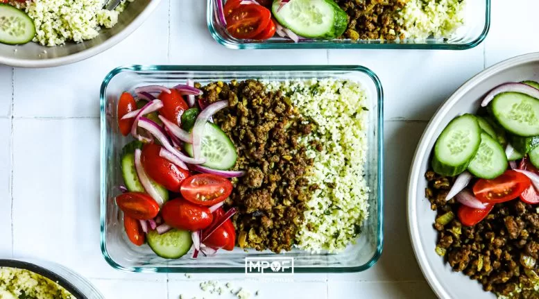 Shawarma Spiced Beef and Couscous in meal prep containers
