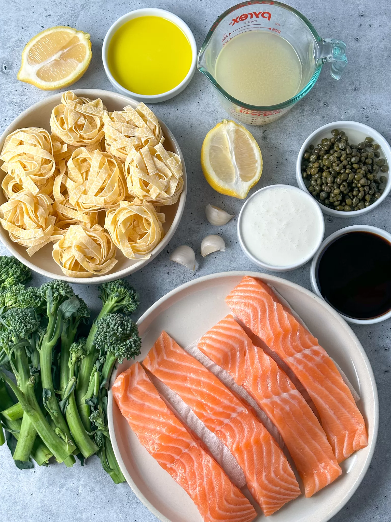 Sheet pan salmon capers broccolini pasta