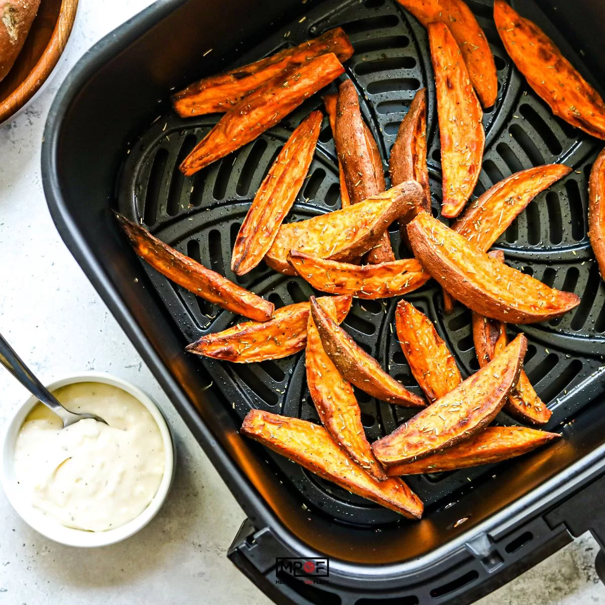 Air Fryer Rosemary Sweet Potato Wedges with Garlic Aioli